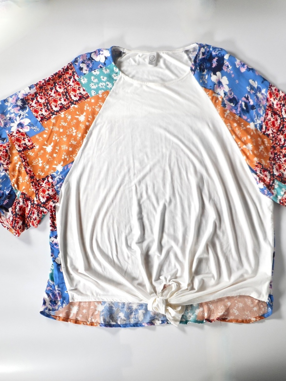 CY Blue Orange Floral Patchwork Sz M Ruffle Sleeve Tunic Top White Tie Knot USA